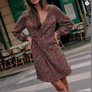 Sezane Madeline Dress Woodland Flowers Purple Long Sleeve Midi Size 2